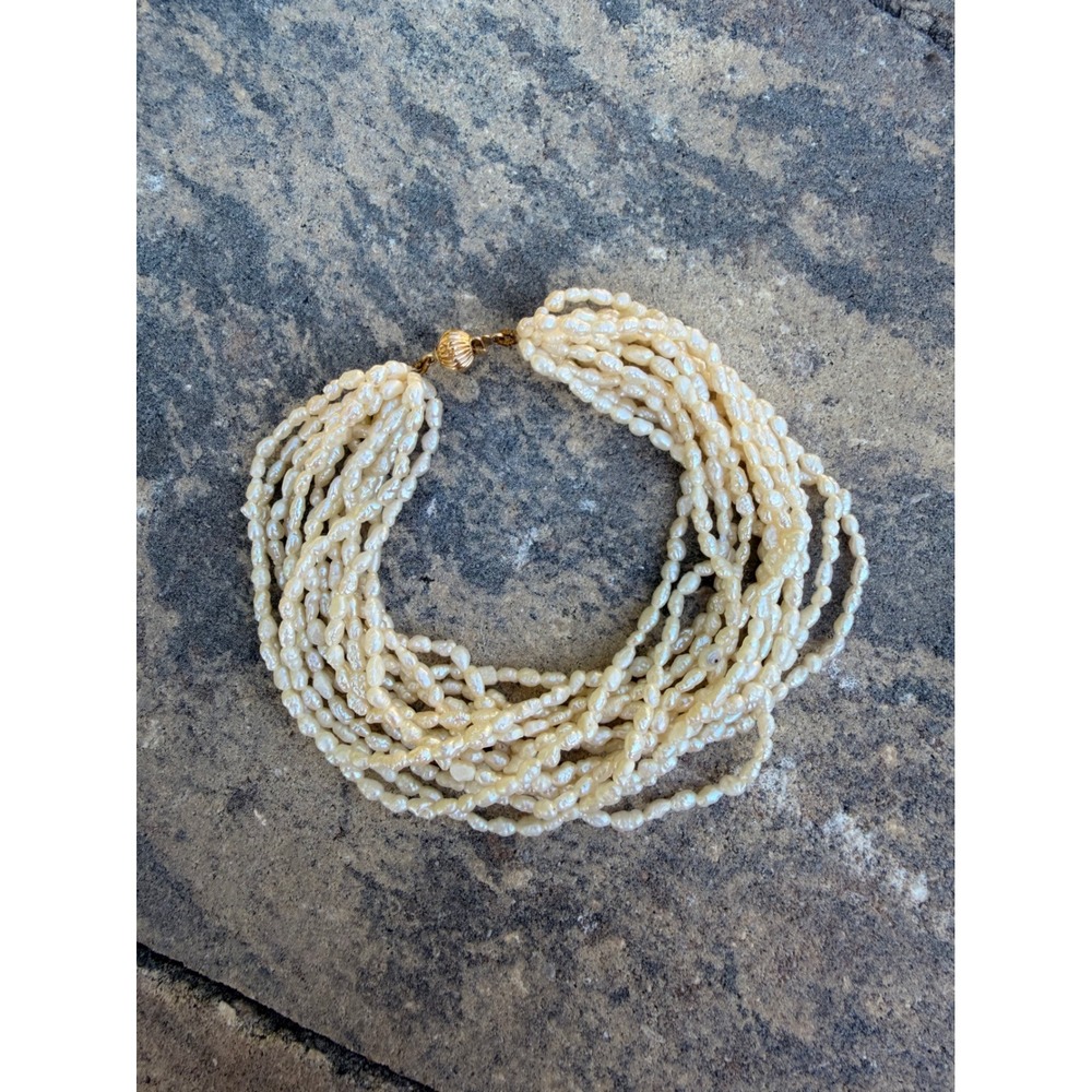 VTG 14k Gold 14 Strand Freshwater Rice Seed Pearl Multi Strand Bracelet